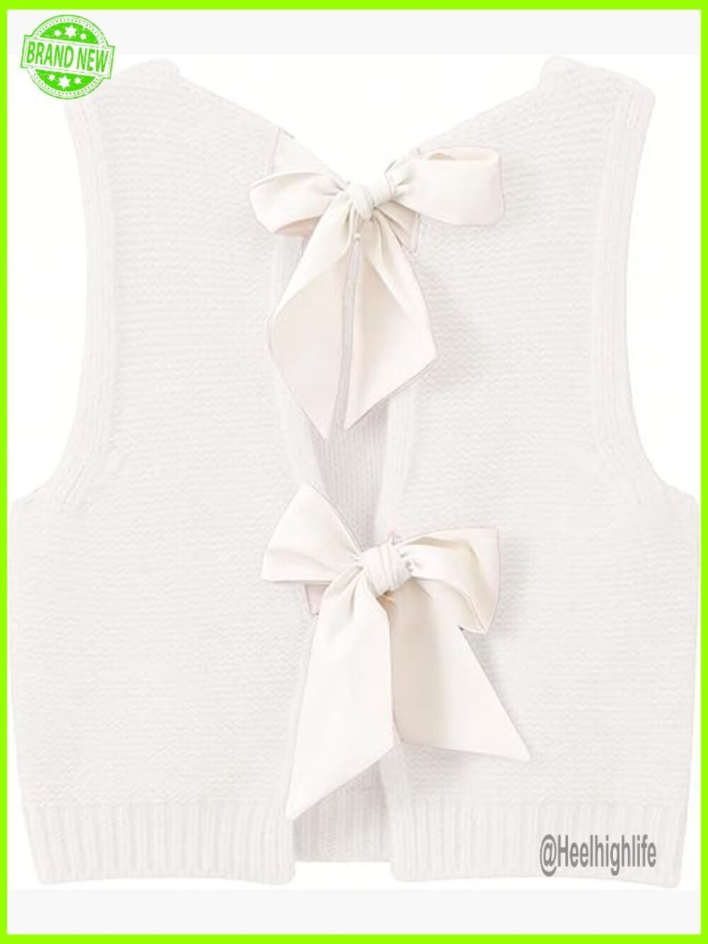 Sleeveless Knit Sweater Vest with Bow Tie Back, Cropped Fit, Lightweight